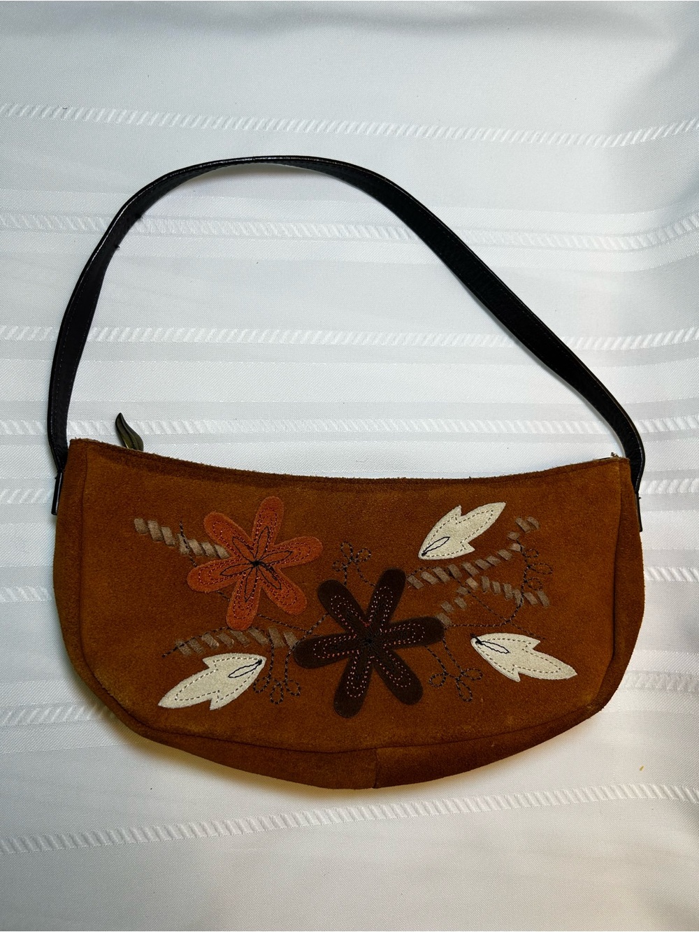 Vintage Y2K Brown Suede Shoulder Hobo Bag Floral Leaf Appliqués Coin Pouch